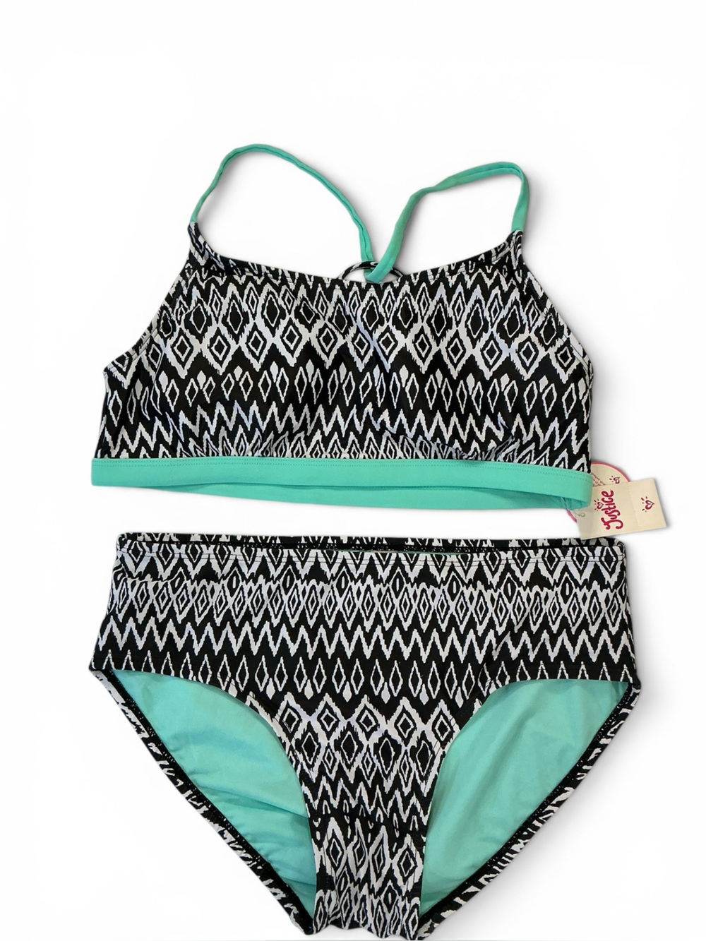 Justice Black & White Geometric Bikini with Mint Accents SPF 50 NWT sz.18
